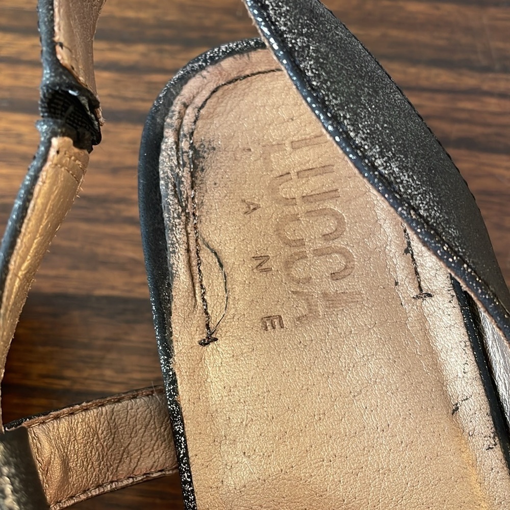 Lucca Lane, 7.5, black leather & cork bottom strappy ankle wrap platform sandal - Picture 7 of 13